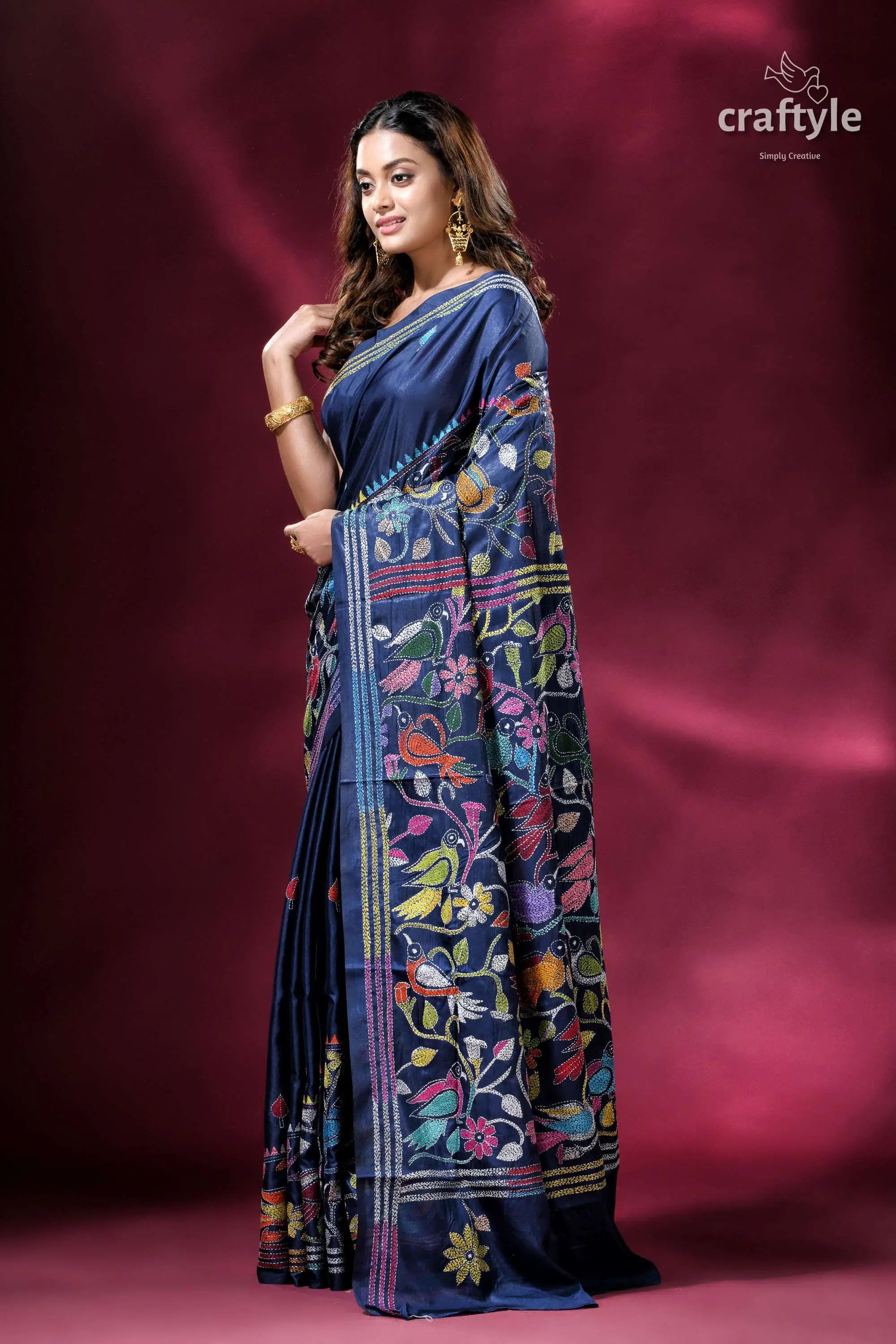 Catalina blue bird pattern silk kantha work saree woman floral-patterned saree 3