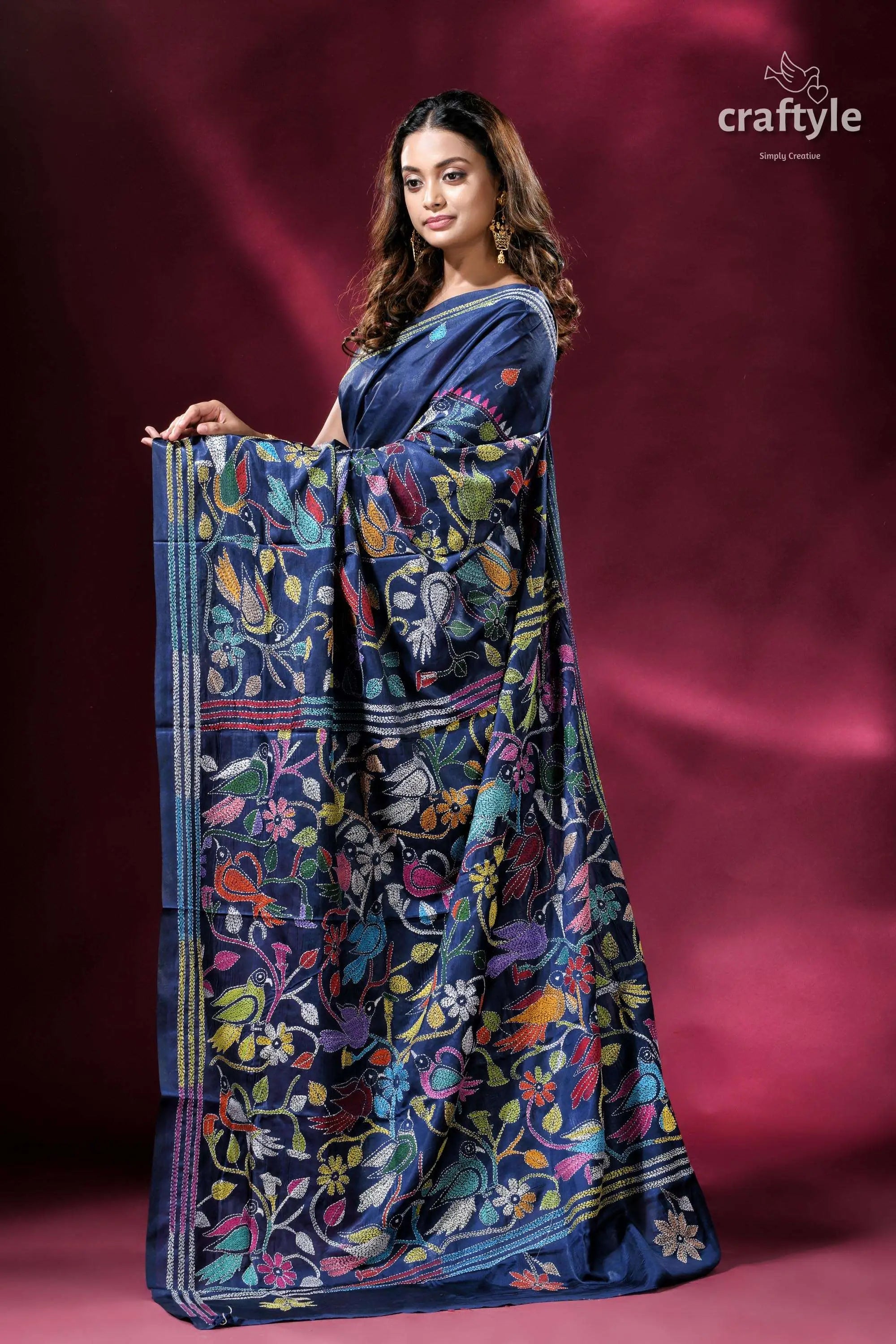 Catalina blue bird pattern silk kantha work saree floral embroidered blue saree 4