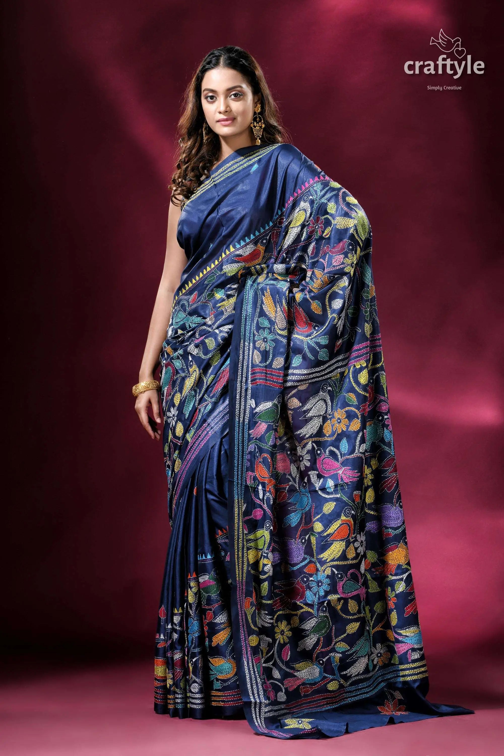 Catalina blue bird pattern silk kantha work saree woman blue floral saree 5