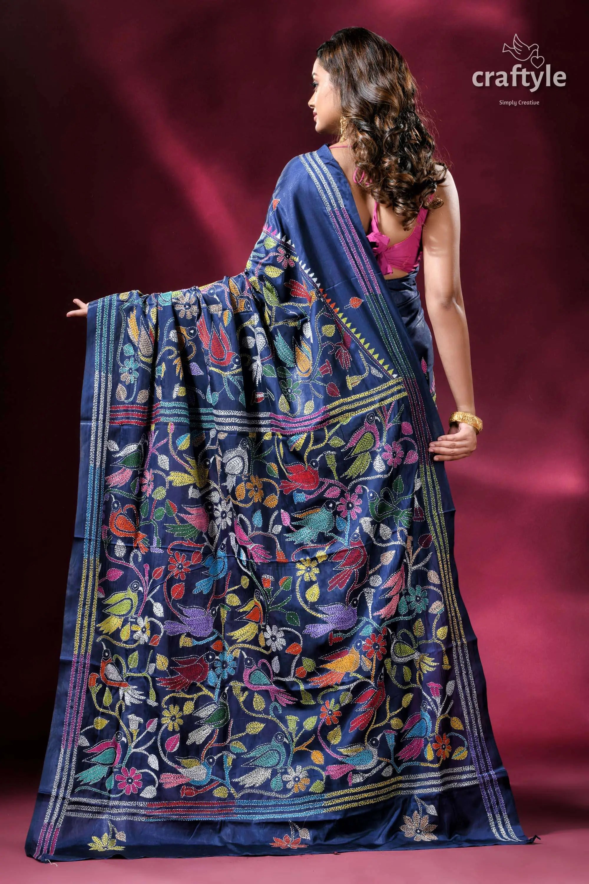 Catalina blue bird pattern silk kantha work saree blue floral embroidered saree 6