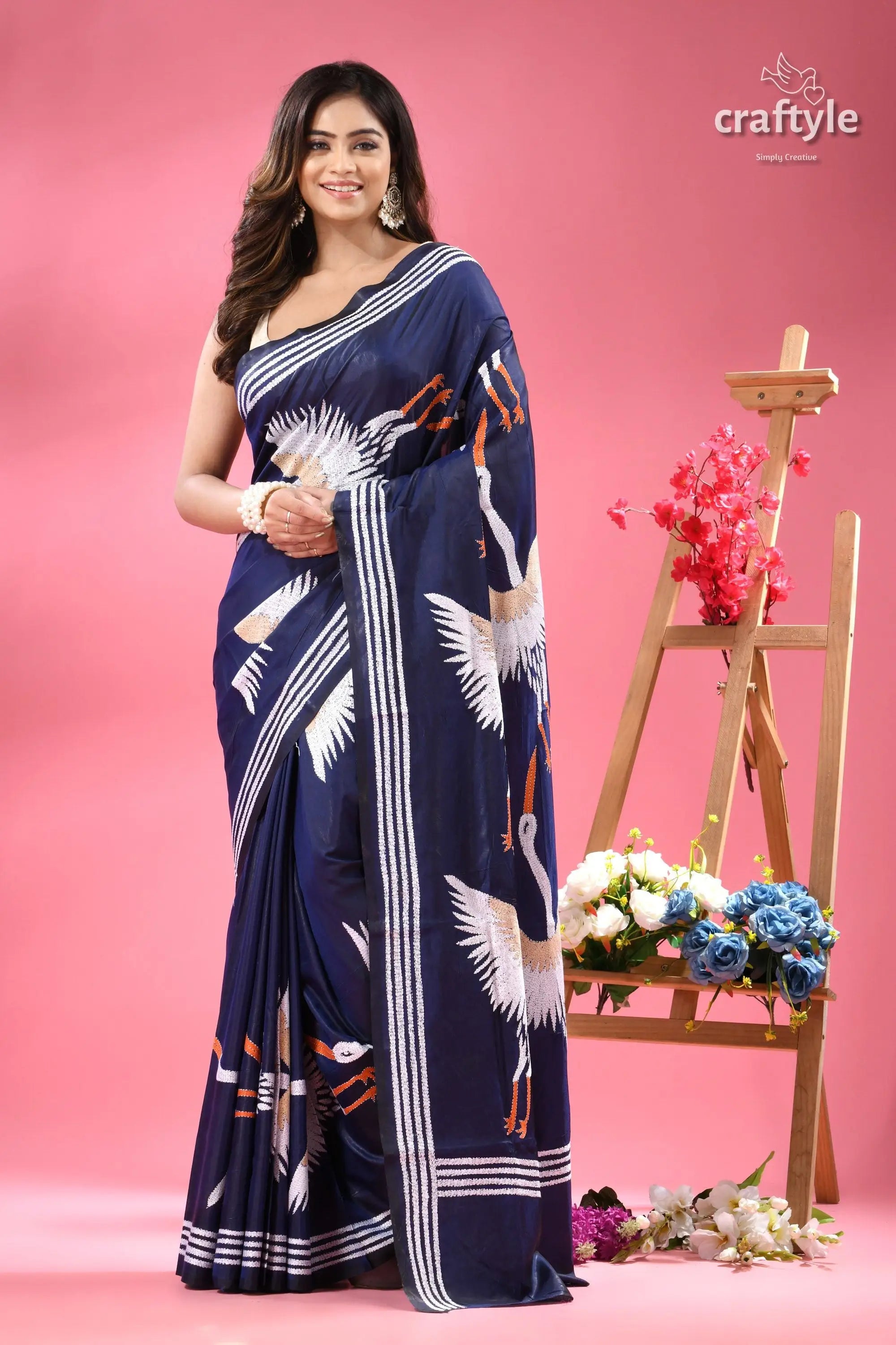 Catalina blue heron motif silk kantha stitch saree dark blue women’s saree white 1