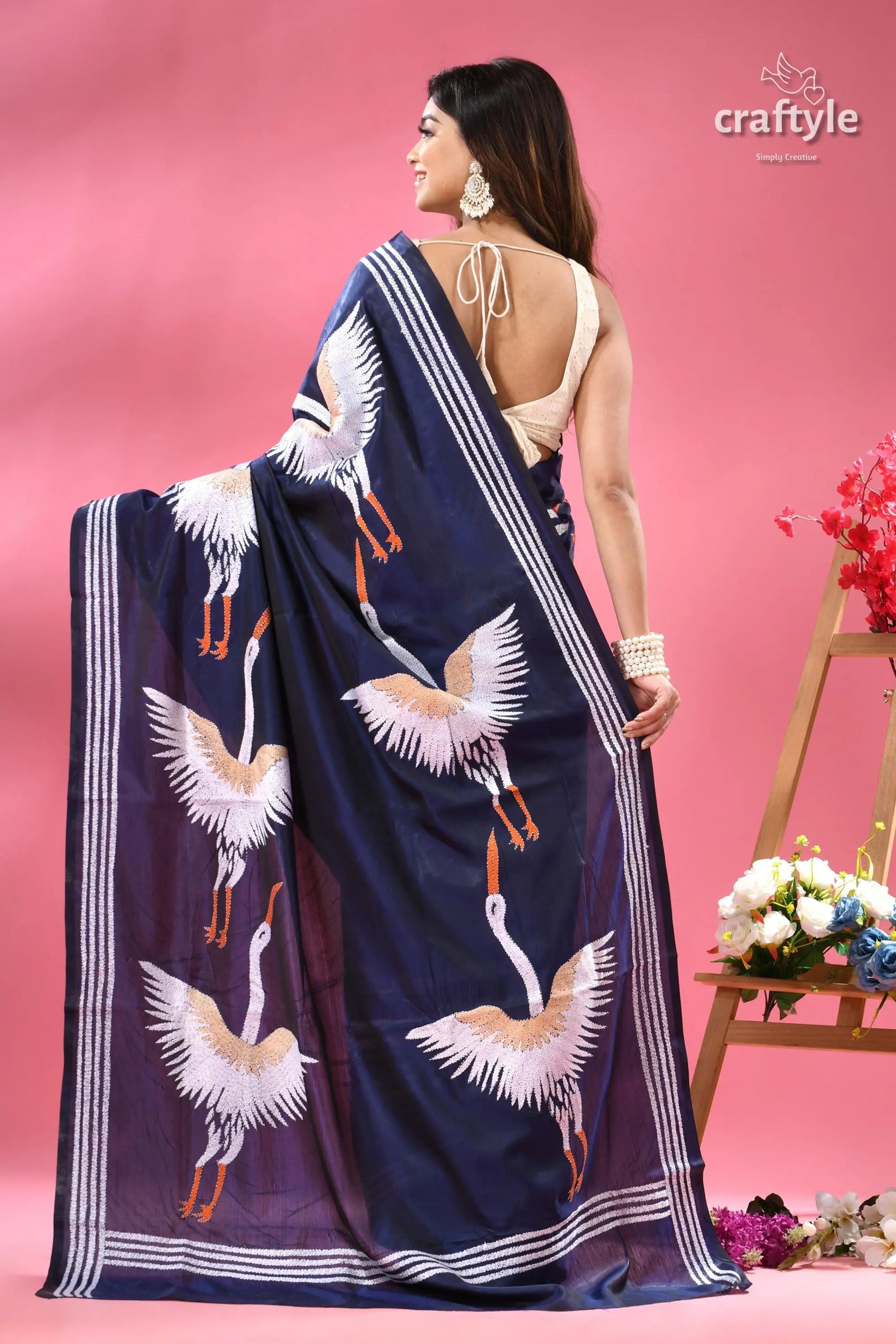 Catalina blue heron motif silk kantha stitch saree dark blue saree white light 4