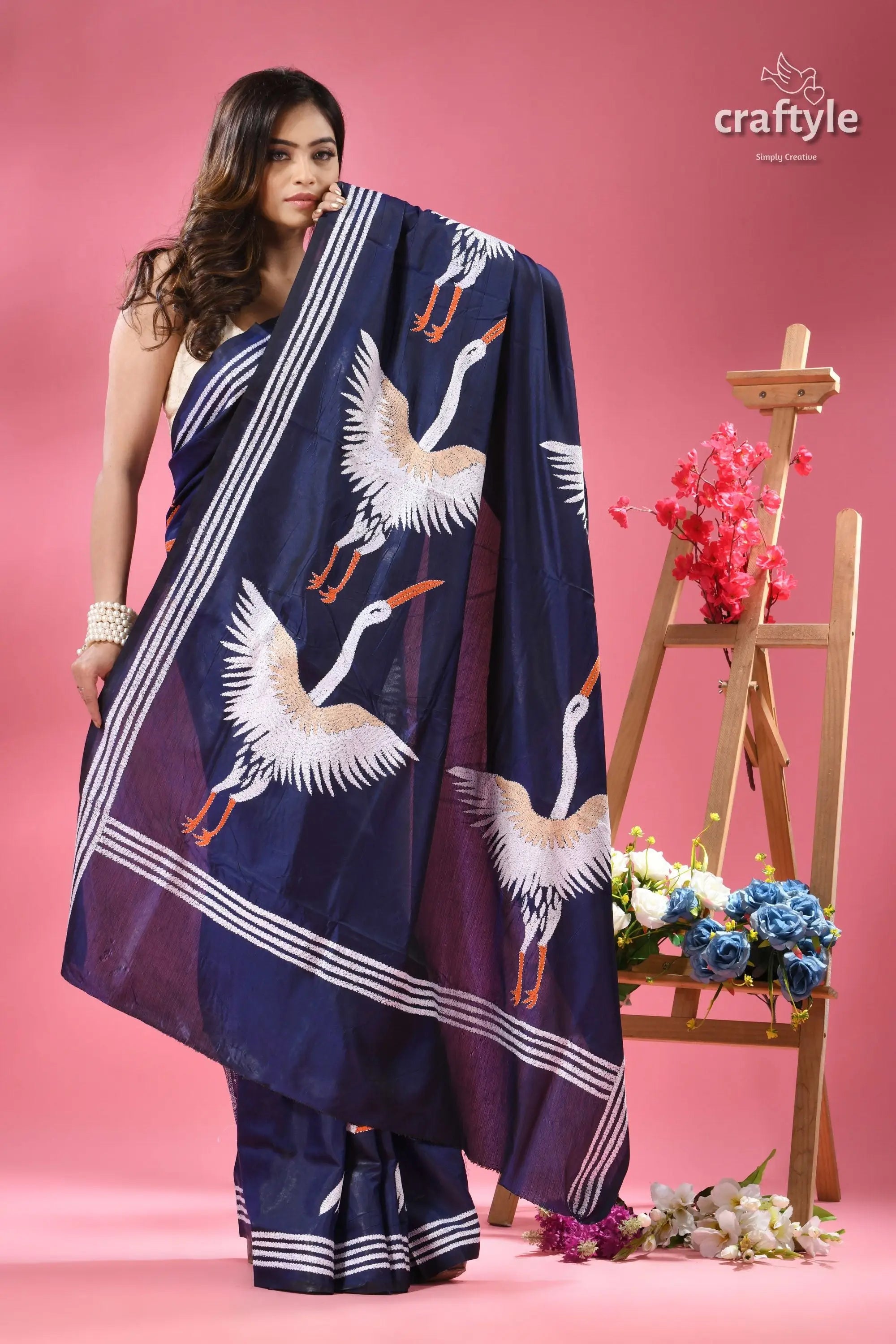 Catalina blue heron motif silk kantha stitch saree dark blue saree white peach 5