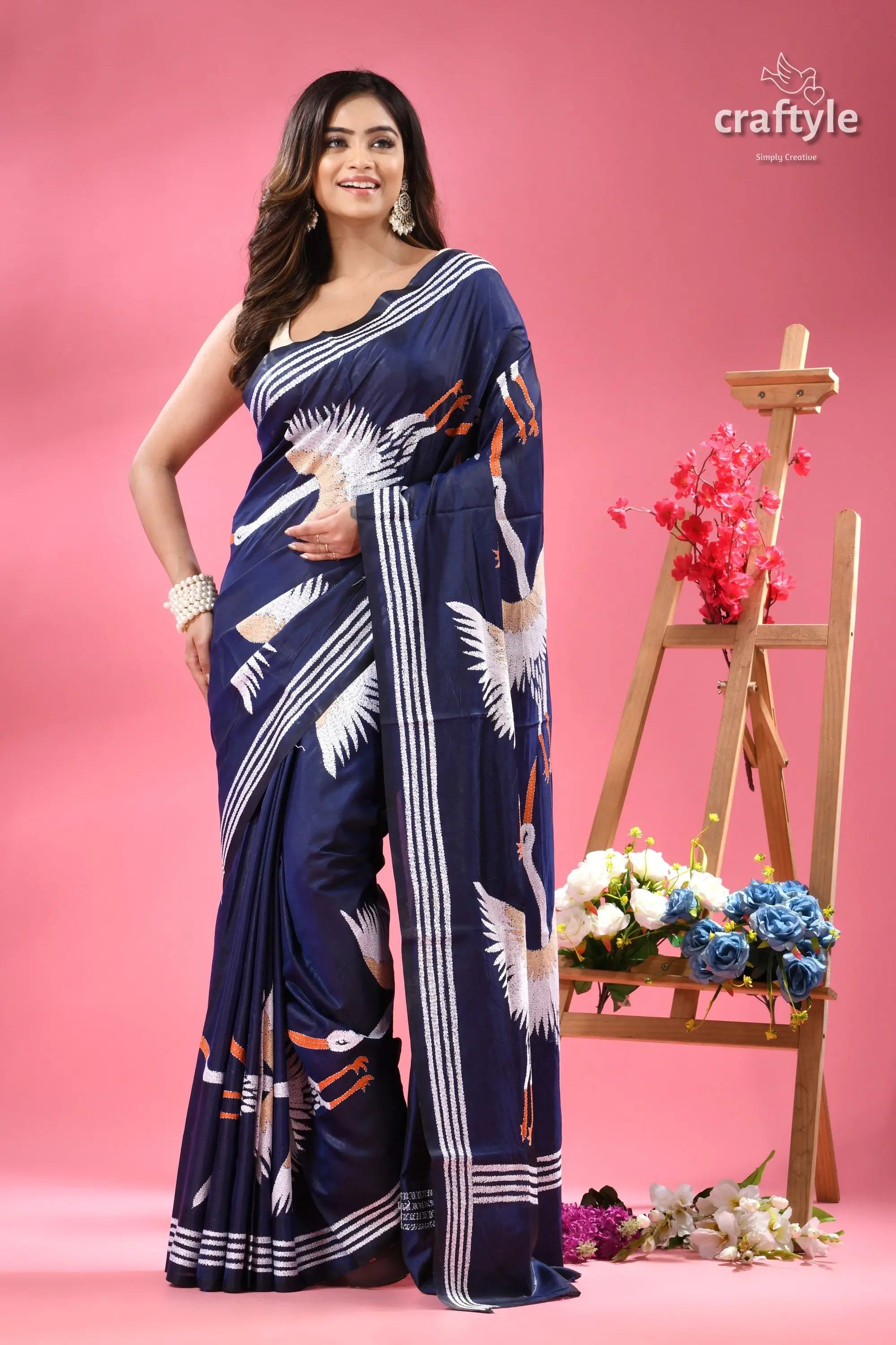 Catalina blue heron motif silk kantha stitch saree navy blue saree white crane 6