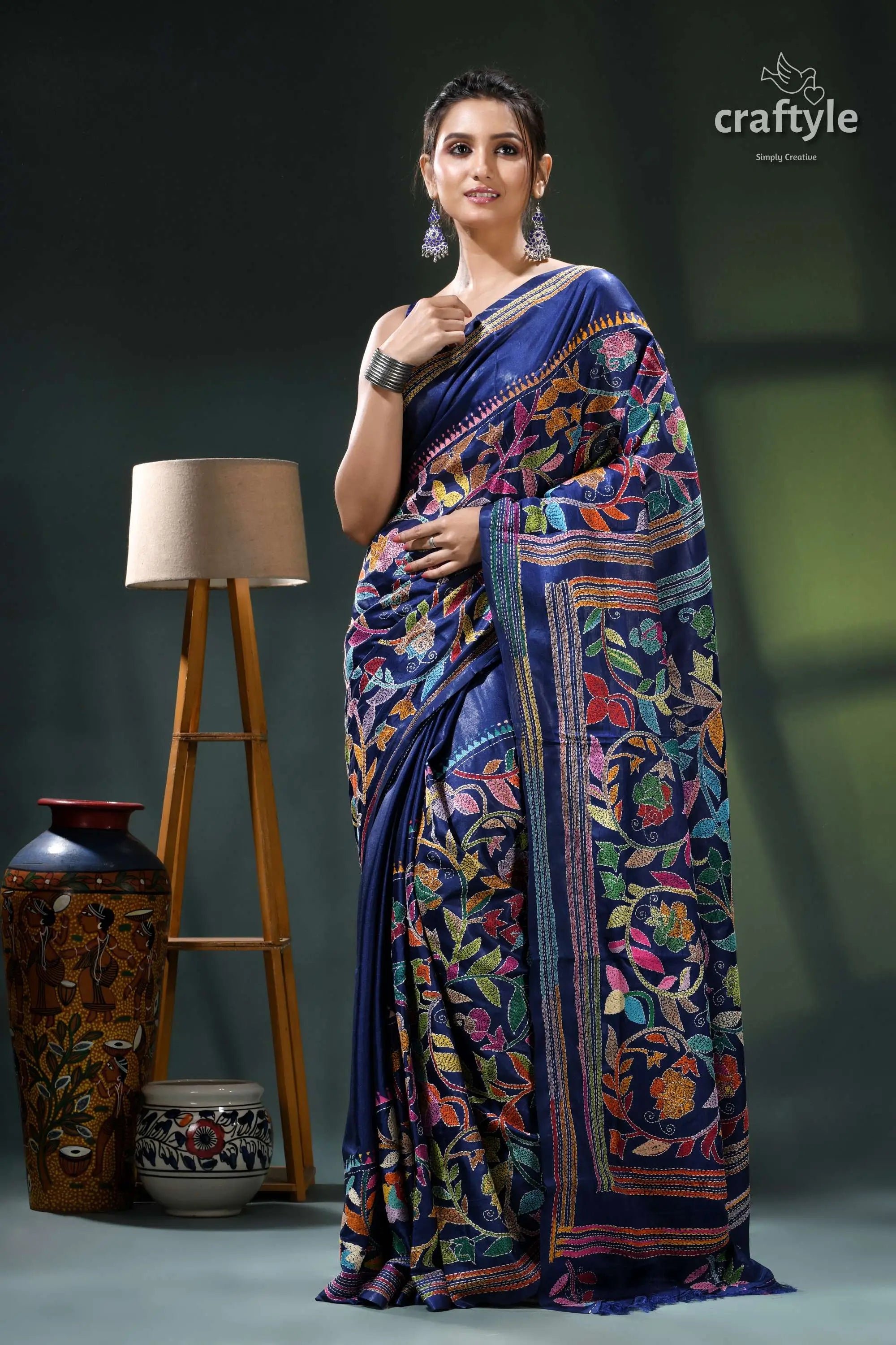 Cataline blue exquisite silk kantha stitch saree - rose motif blue black floral saree intricate 6