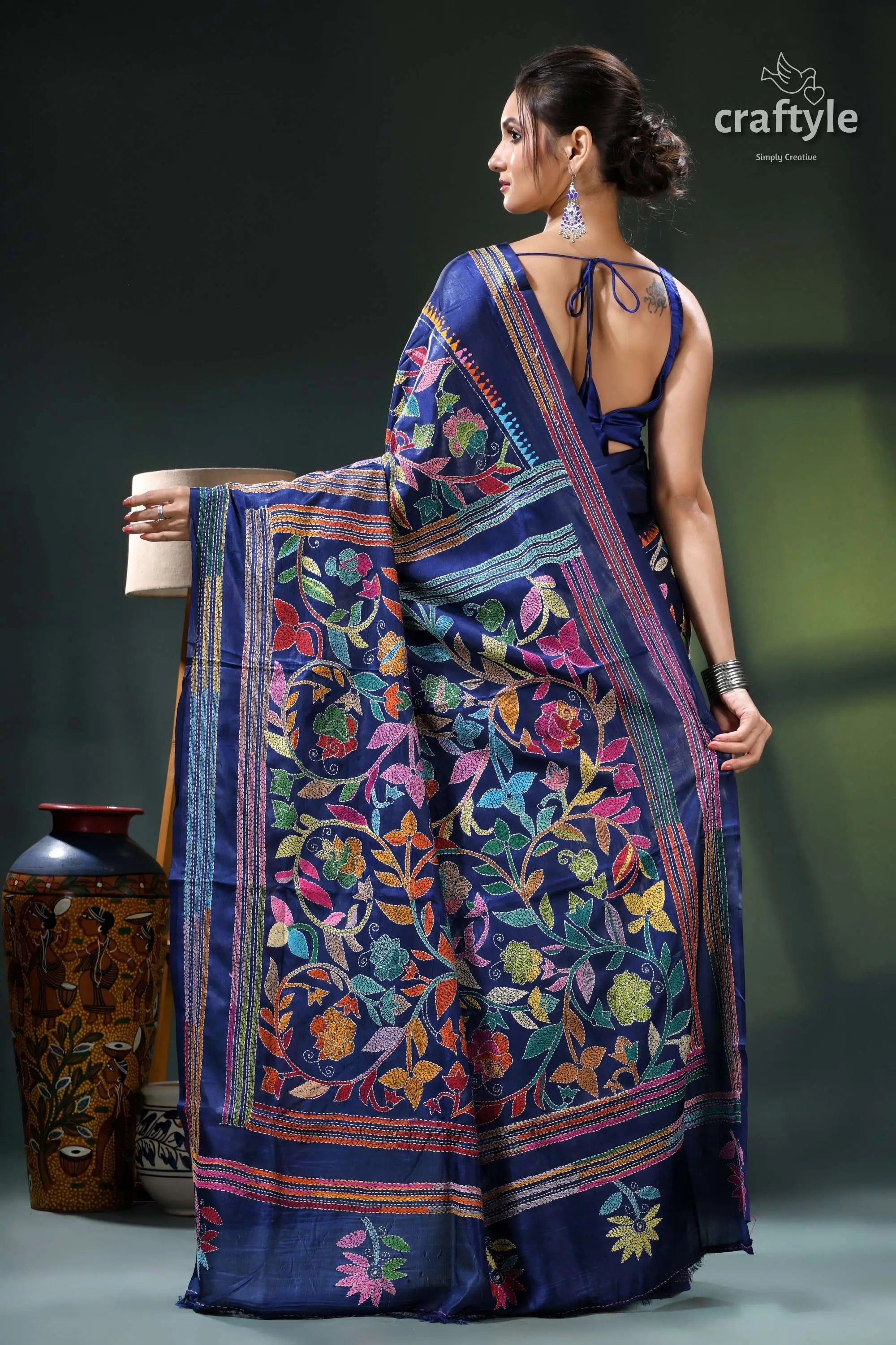 Cataline blue exquisite silk kantha stitch saree - rose motif blue floral saree intricate designs 5