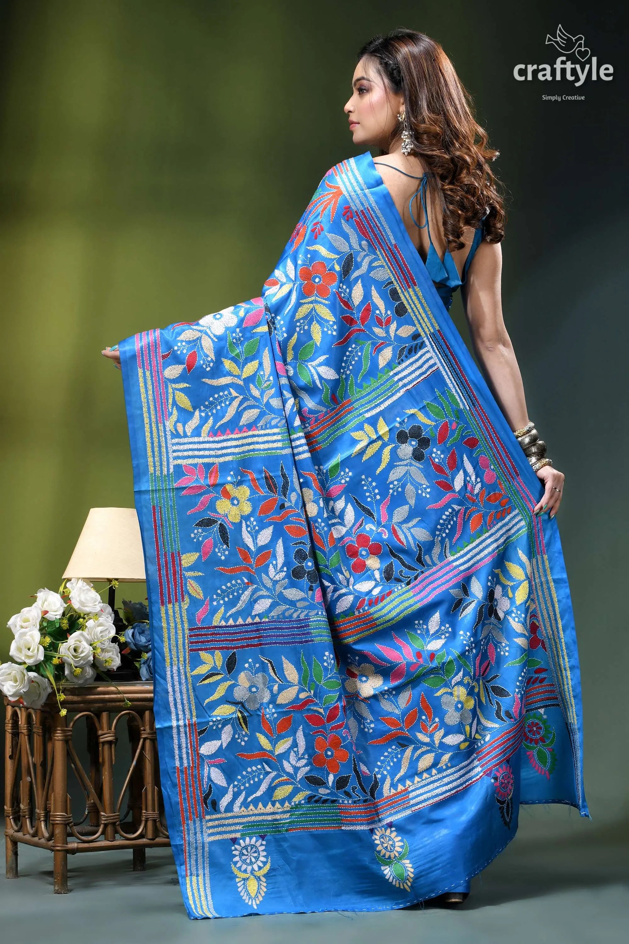 Celestial blue floral design hand embroidered kantha silk saree vibrant blue hand-embroidered saree colorful 4