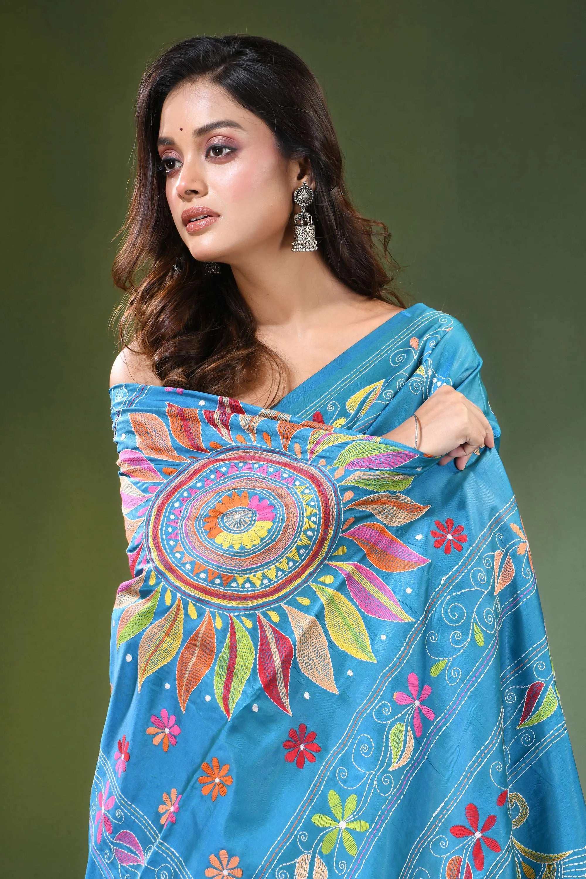 Celestial blue hand embroidered mandala motif silk kantha stitch saree vibrant adorned intricate 2