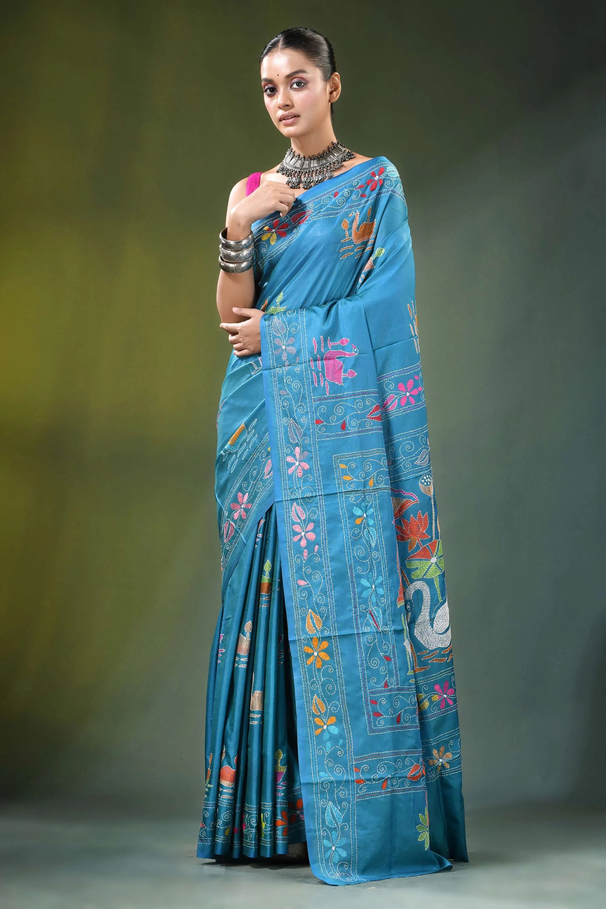 Celestial blue handmade swan embroidery kantha silk saree vibrant turquoise adorned 6