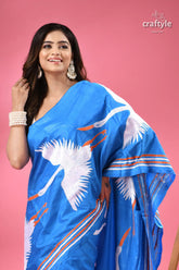 Celestial blue heron design bengali silk kantha saree woman vibrant blue saree white 2