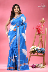 Celestial blue heron design bengali silk kantha saree vibrant blue silk saree white 6