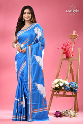 Celestial blue heron design bengali silk kantha saree blue saree white crane motifs 1