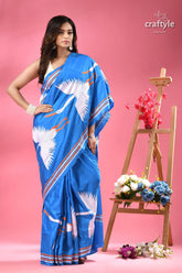 Celestial blue heron design bengali silk kantha saree woman blue saree white crane 3