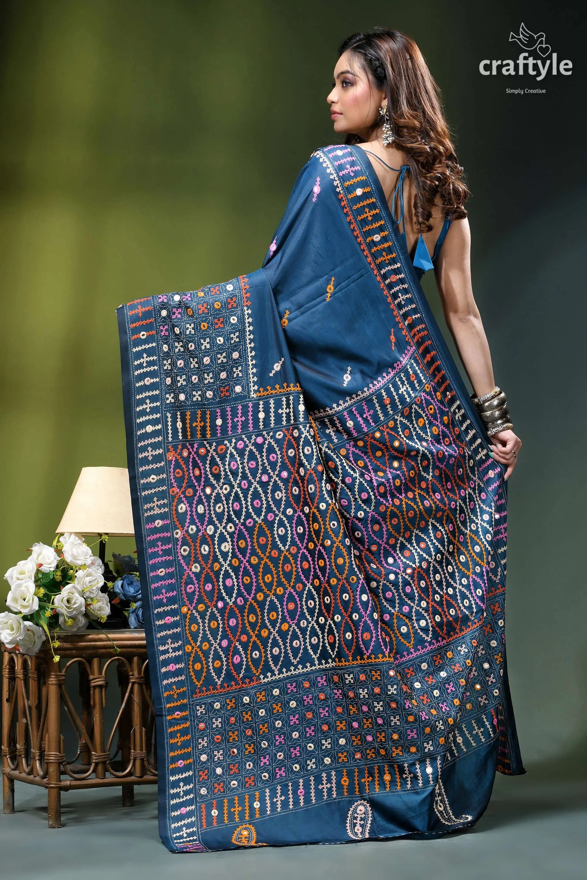 Cerulean blue hand kutch embroidery silk saree with mirror work navy blue saree intricate multicolored 6