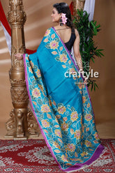 Cerulean Blue Handcrafted Pure Tussar Silk Saree - Craftyle