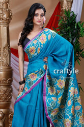 Cerulean blue handcrafted pure tussar silk saree blue floral-patterned saree 2