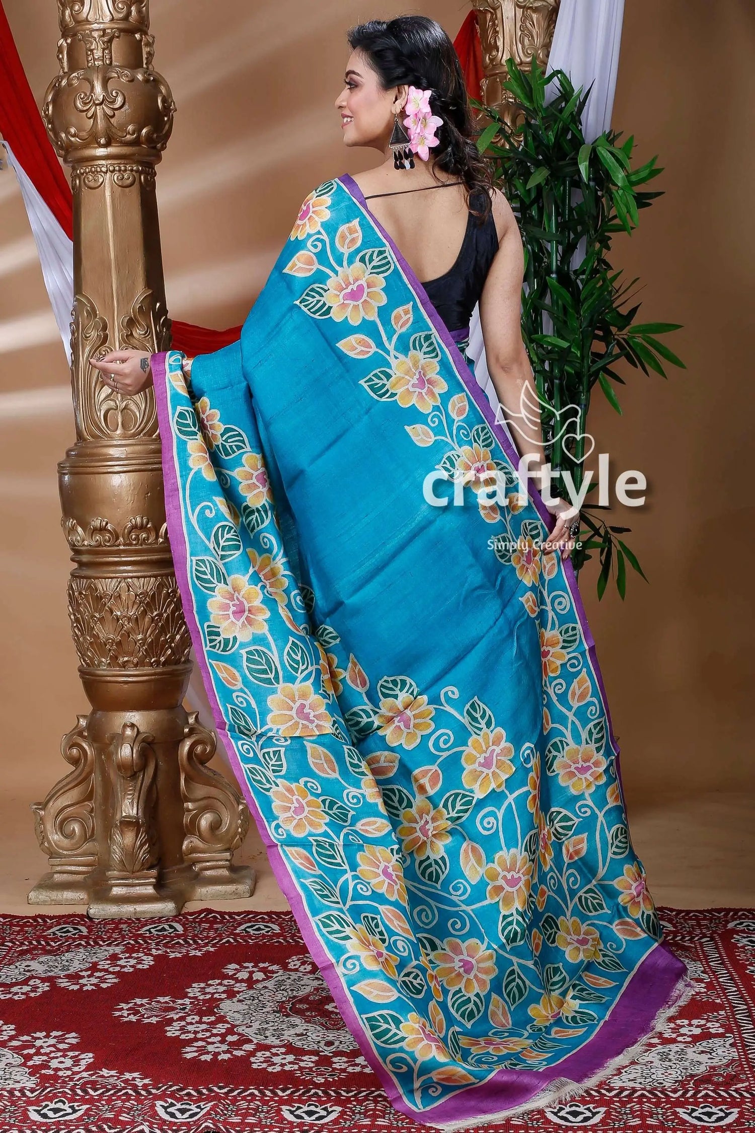Cerulean blue handcrafted pure tussar silk saree blue floral-patterned saree 4