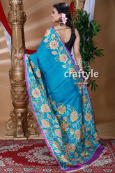 Cerulean blue handcrafted pure tussar silk saree blue floral-patterned saree 4