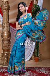 Cerulean blue handcrafted pure tussar silk saree blue floral-patterned saree 3