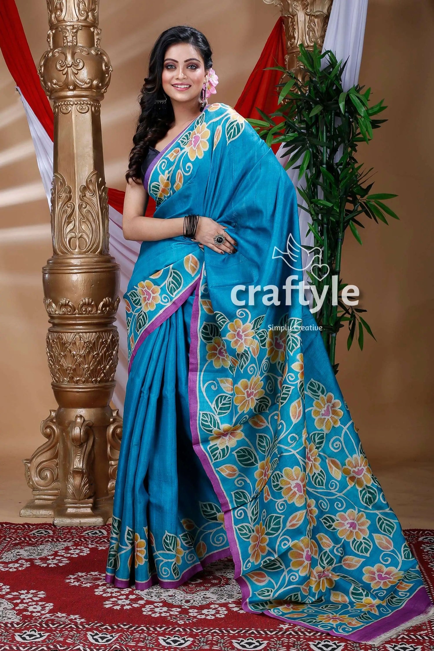 Cerulean blue handcrafted pure tussar silk saree blue floral-patterned saree 1