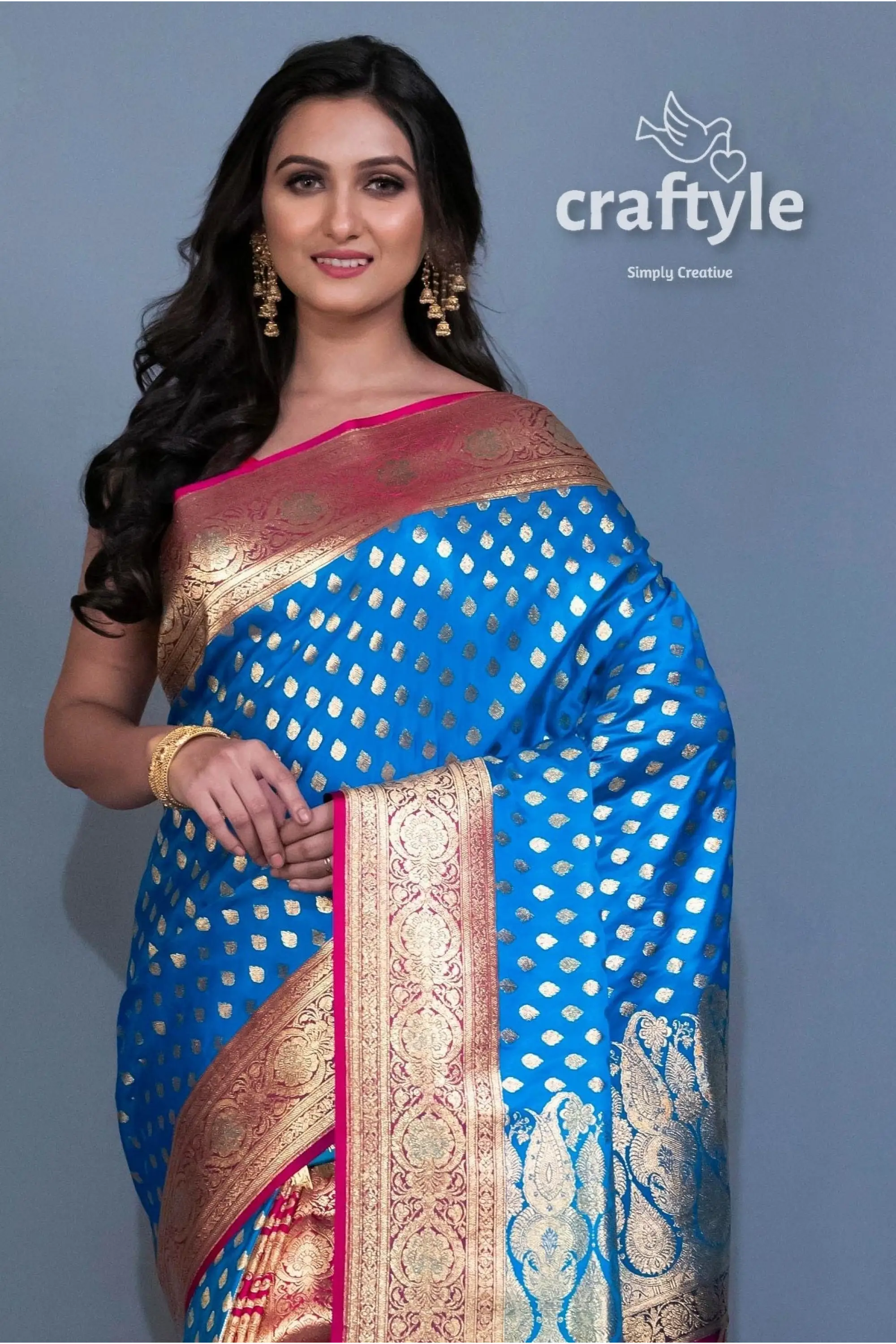 Cerulean blue satin silk banarasi sari for women blue gold patterned saree 2