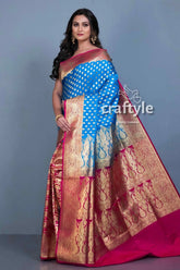 Cerulean blue satin silk banarasi sari for women blue pink patterned saree 3