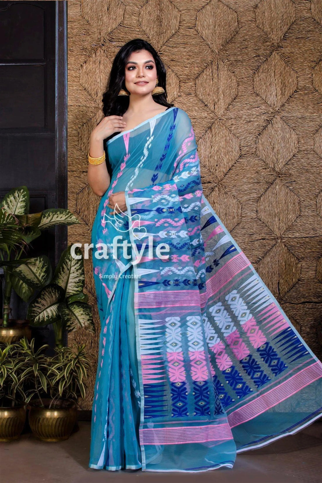 Cerulean blue soft dhakai jamdani saree pink patterned 2