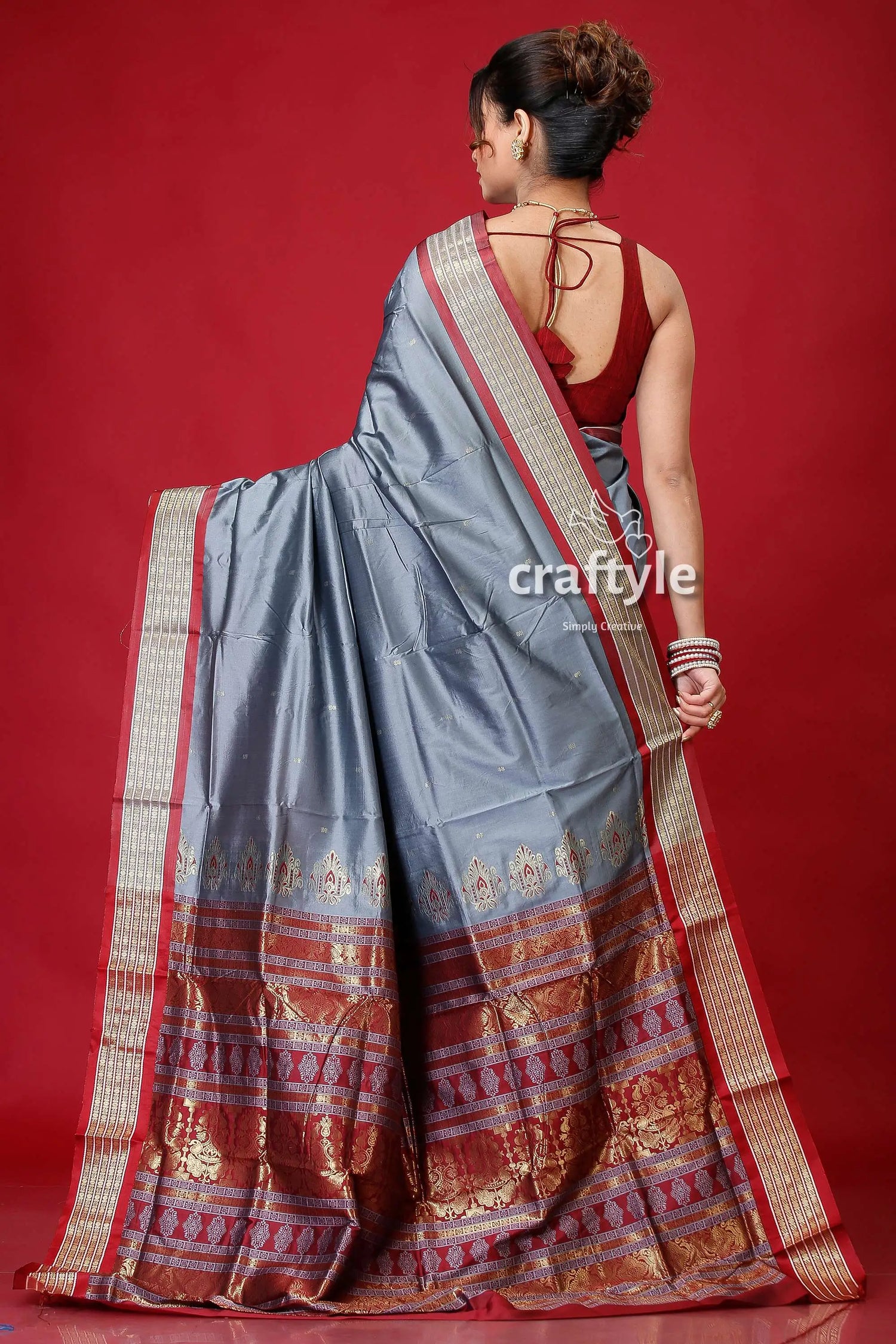 Cerulean blue zari border bomkai silk saree gray silk saree red gold 5