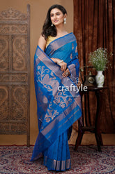 Cerulean blue zari handloom saree - exquisite design for any occasion blue saree silver accents 4
