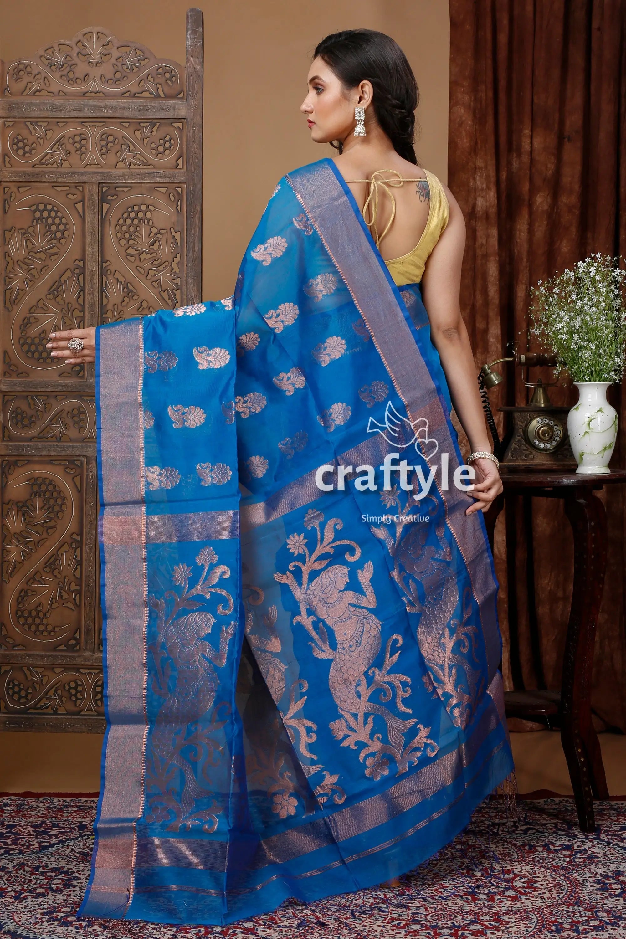 Cerulean blue zari handloom saree - exquisite design for any occasion blue saree silver accents 5