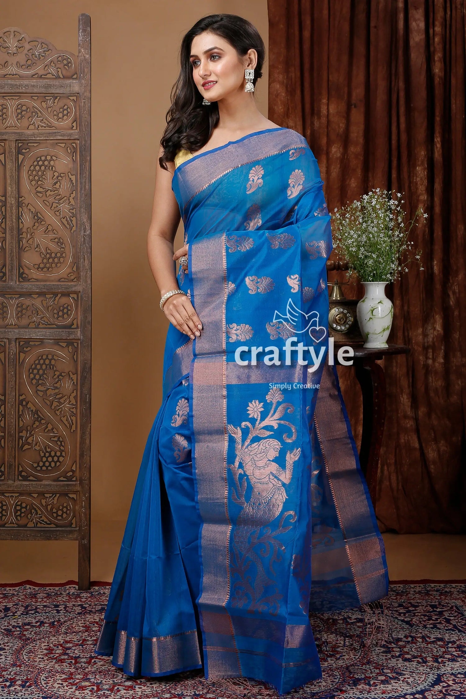 Cerulean blue zari handloom saree - exquisite design for any occasion blue saree silver accents 3