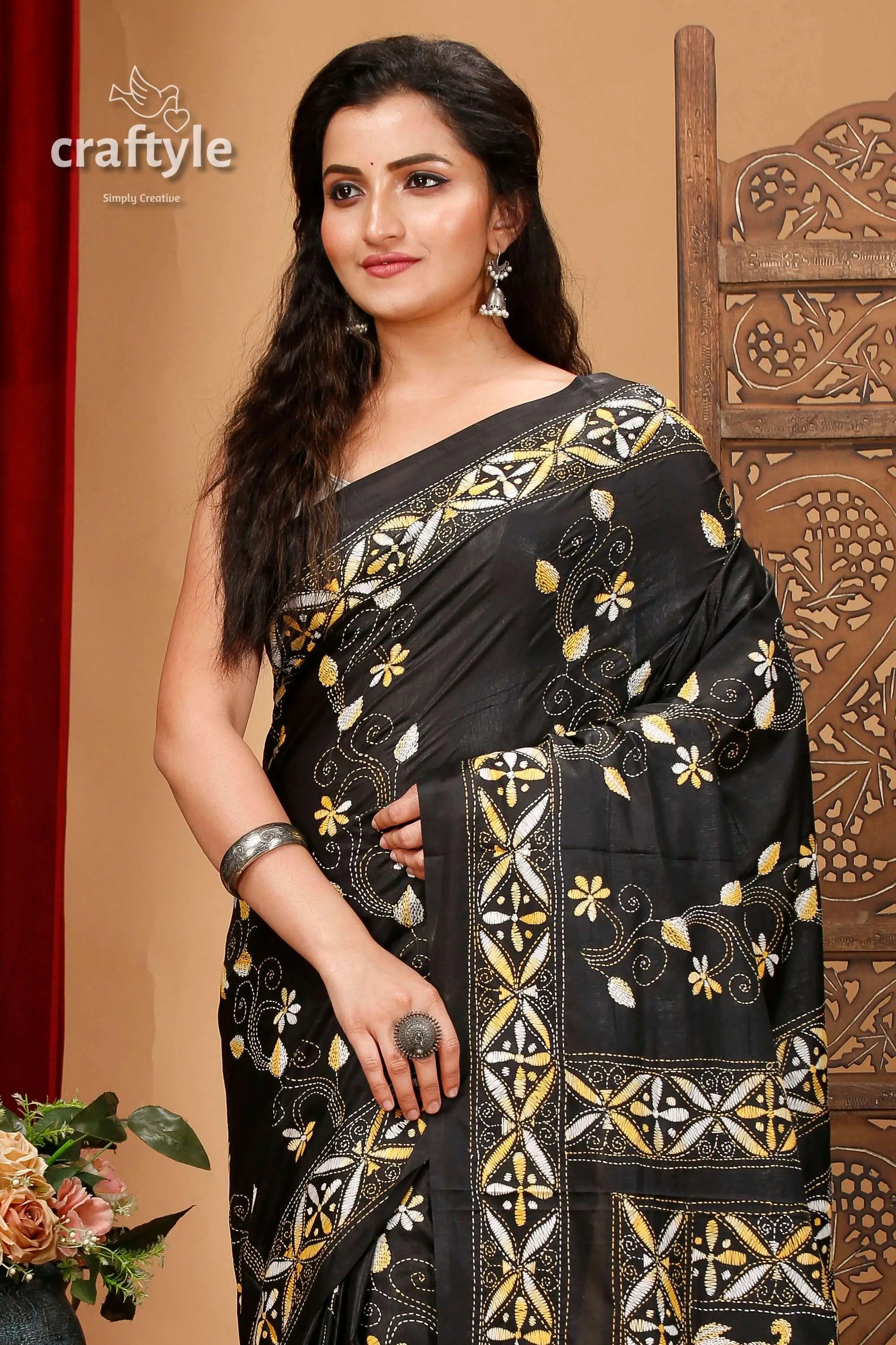 Charcoal black and yellow elegant silk kantha stitch saree black saree floral geometric embroidery 2