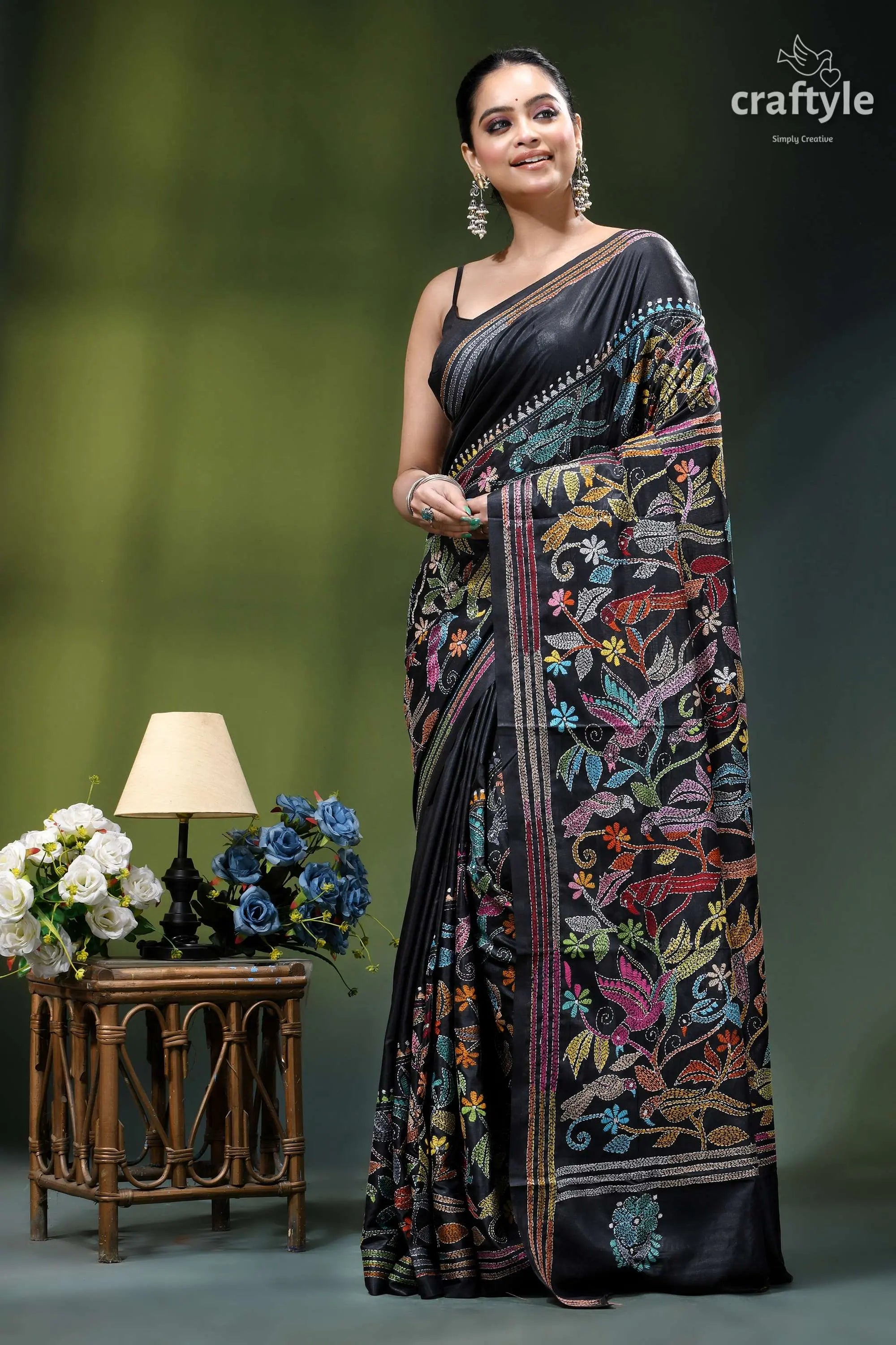 Charcoal black designer bird motif kantha silk saree black silk saree vibrant multicolored 6