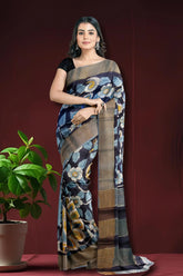 Charcoal black hand-painted pure tussar kalamkari saree with zari border floral-patterned saree brown border 2