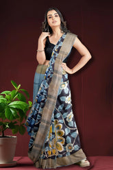 Charcoal black hand-painted pure tussar kalamkari saree with zari border floral-patterned saree woven border 4