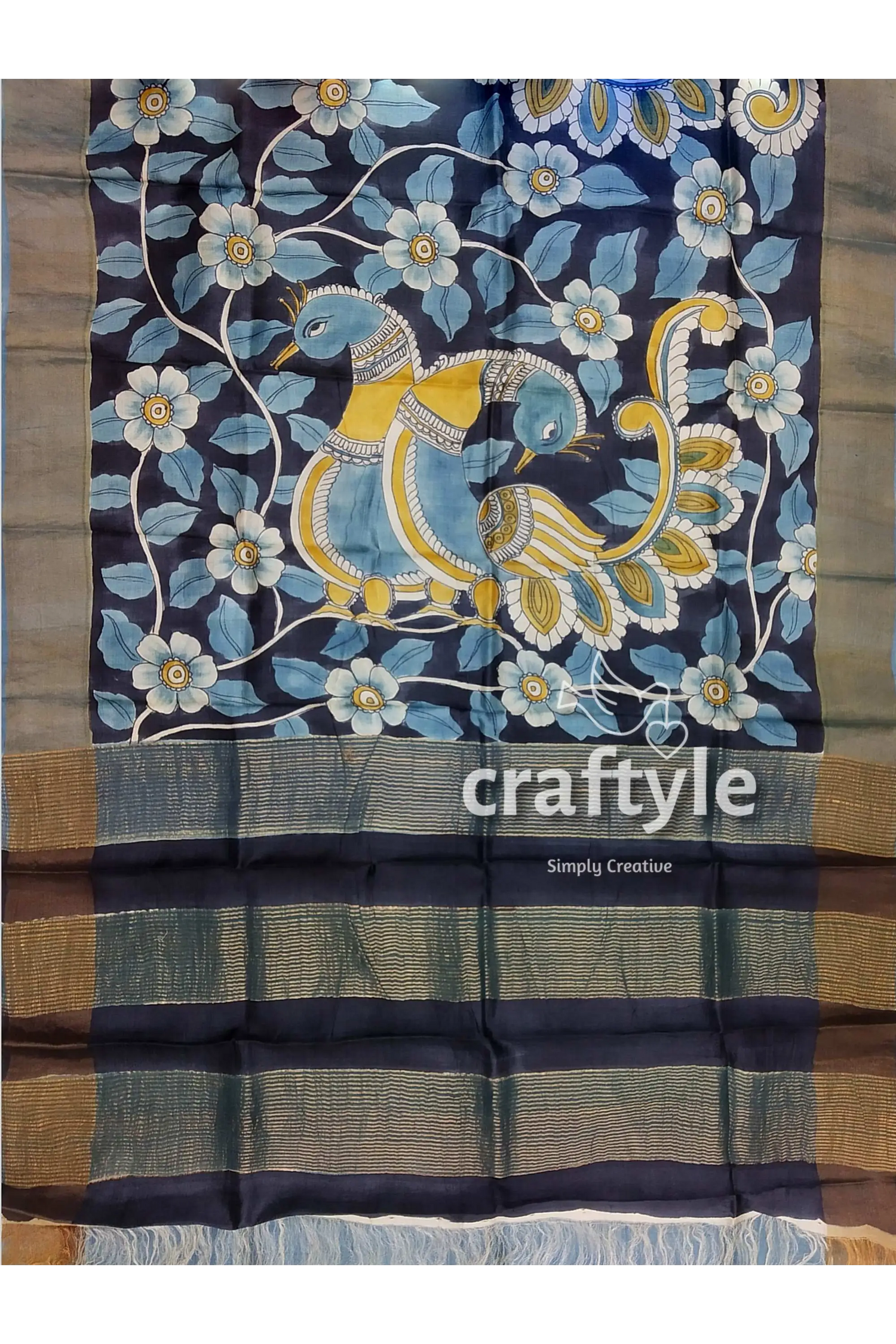 Charcoal black hand-painted pure tussar kalamkari saree with zari border hand-painted peacock floral design saree 6