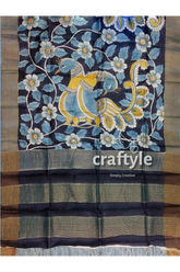 Charcoal black hand-painted pure tussar kalamkari saree with zari border hand-painted peacock floral design saree 6
