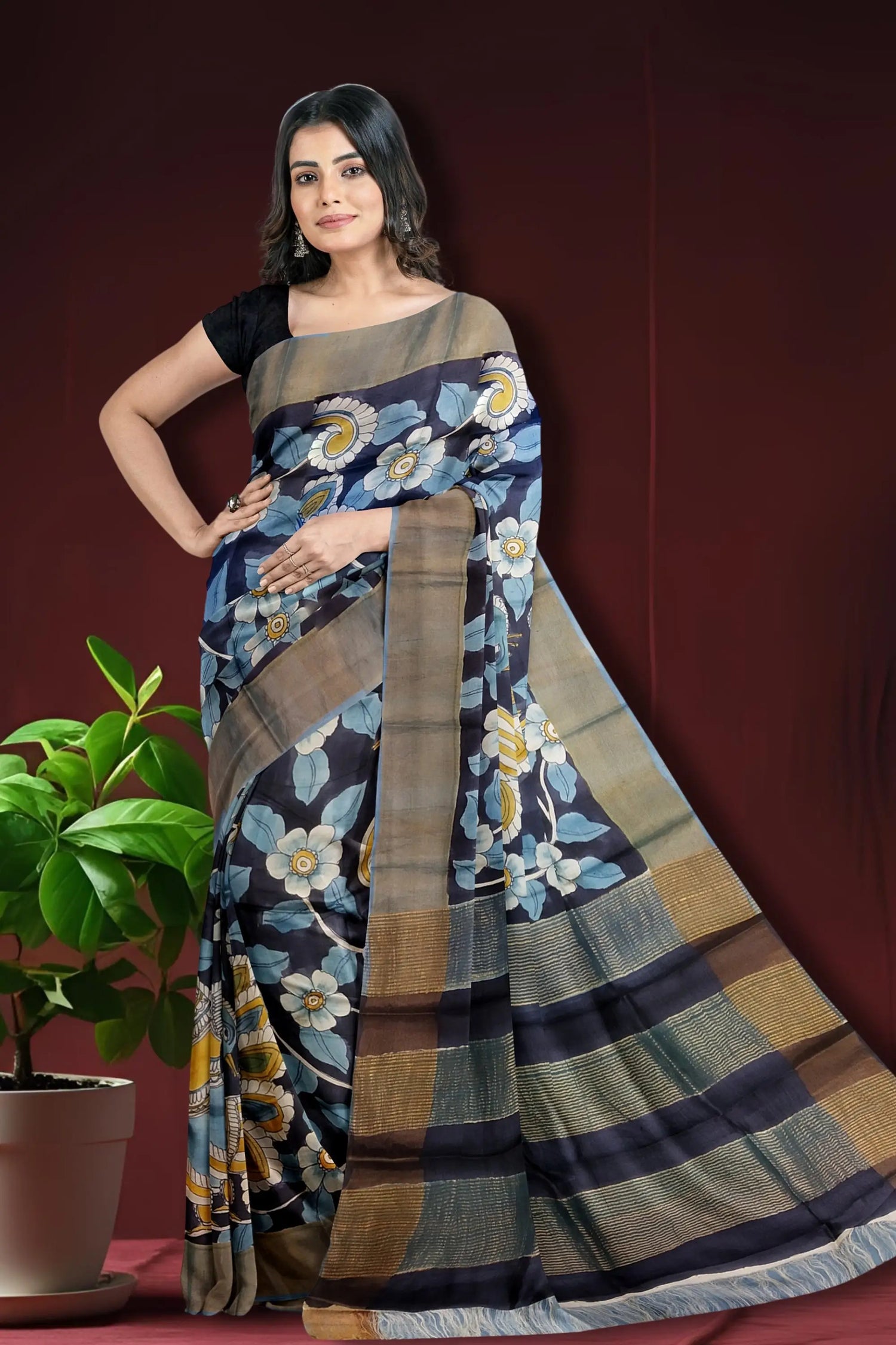Charcoal black hand-painted pure tussar kalamkari saree with zari border woman floral saree 3