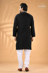 Charcoal black kantha hand embroidery gents kurta reverse stitch men’s black kurta white churidar 6