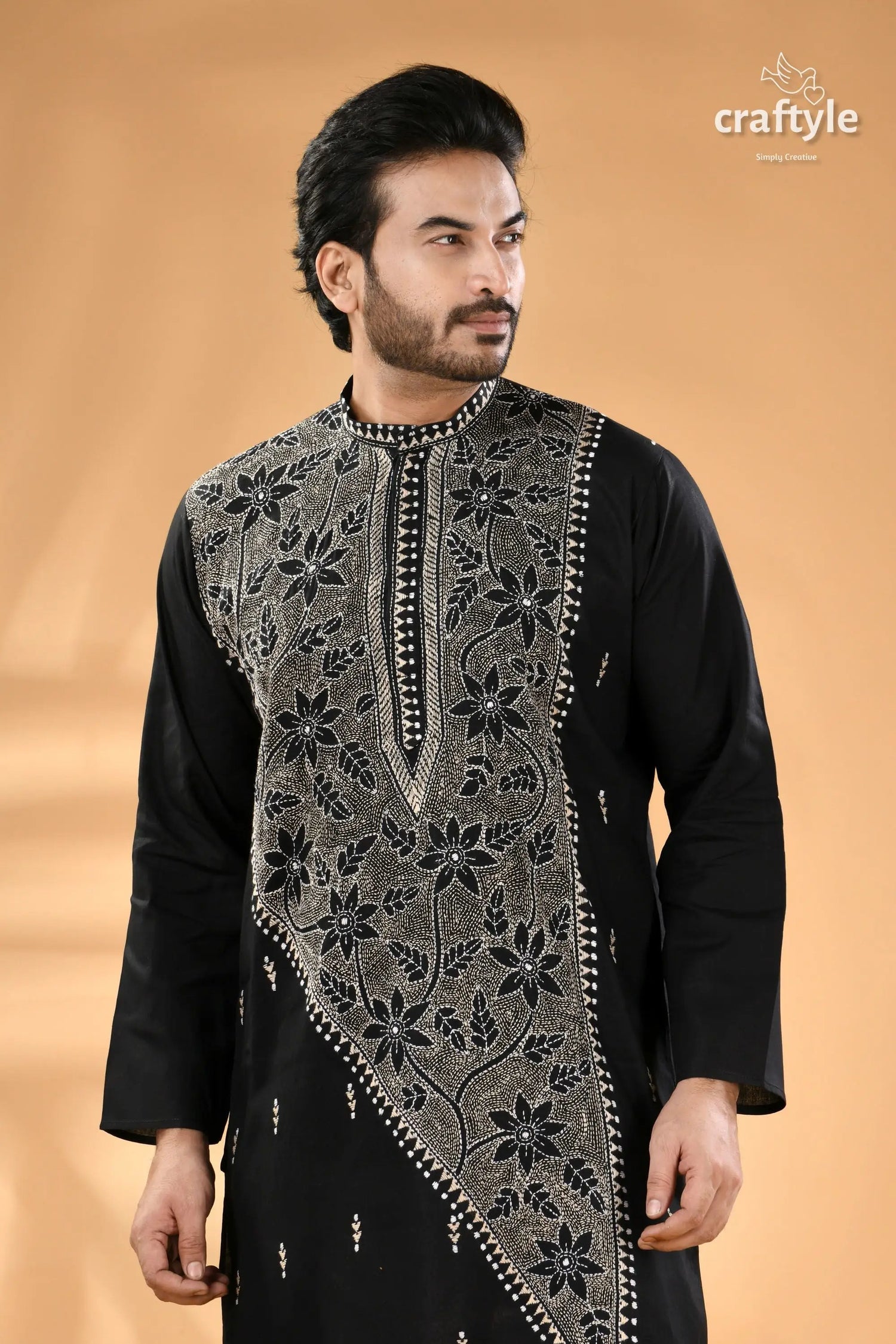 Charcoal black kantha hand embroidery gents kurta reverse stitch men’s black kurta intricate white 2