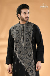 Charcoal black kantha hand embroidery gents kurta reverse stitch men’s black kurta intricate white 2