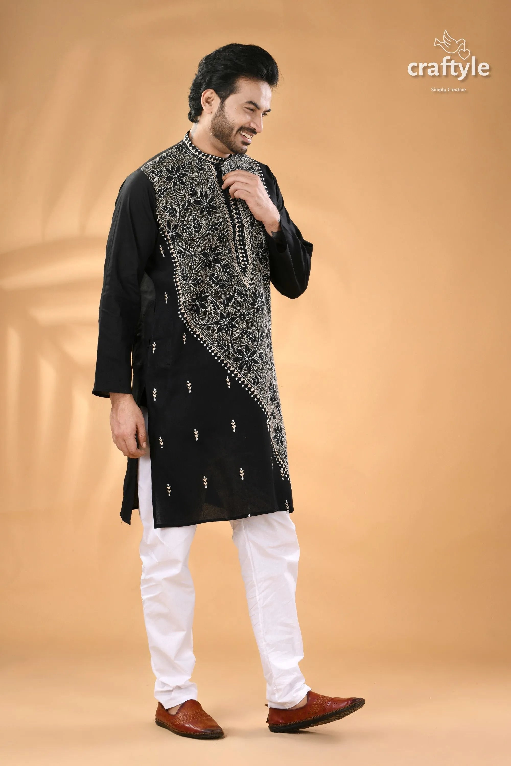Charcoal black kantha hand embroidery gents kurta - reverse stitch men’s black kurta white floral 3