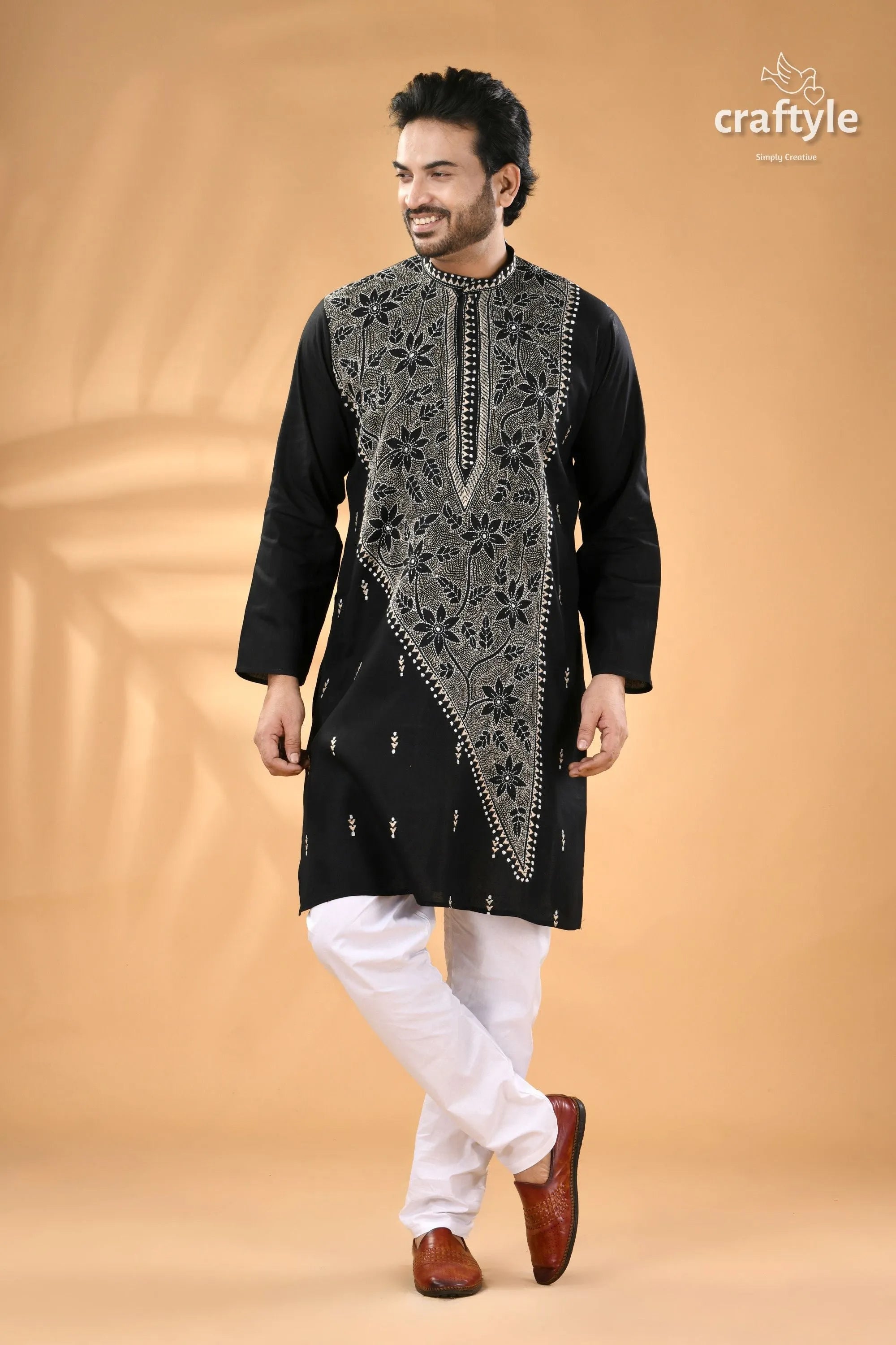 Charcoal black kantha hand embroidery gents kurta - reverse stitch men’s black embroidered kurta white 5