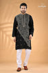 Charcoal black kantha hand embroidery gents kurta reverse stitch men’s black embroidered kurta white 1