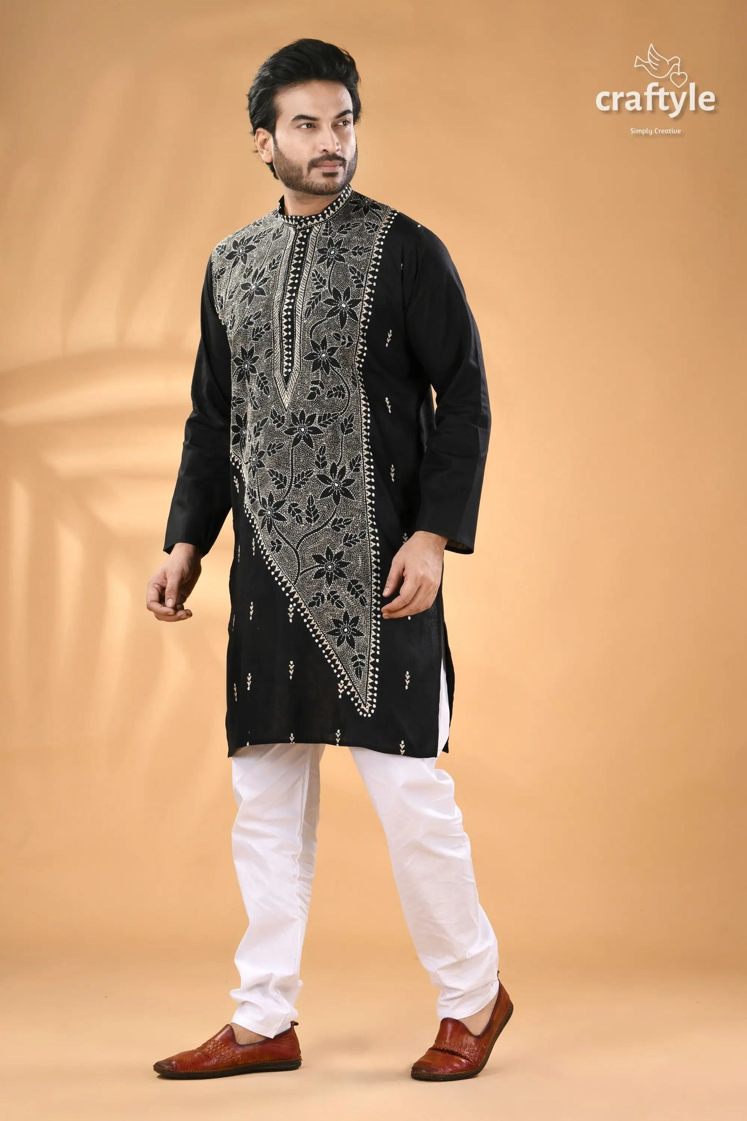 Charcoal black kantha hand embroidery gents kurta reverse stitch men’s black embroidered kurta white 4