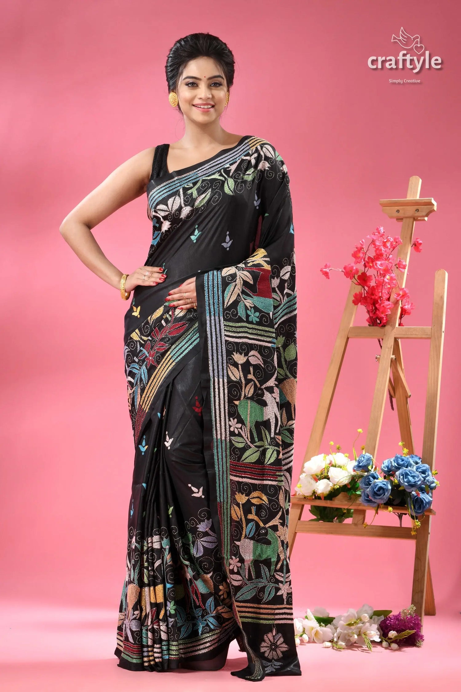 Charcoal black kantha silk saree with exclusive deer motif black saree colorful folk art 1