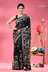 Charcoal black kantha silk saree with exclusive deer motif black saree colorful folk art 1