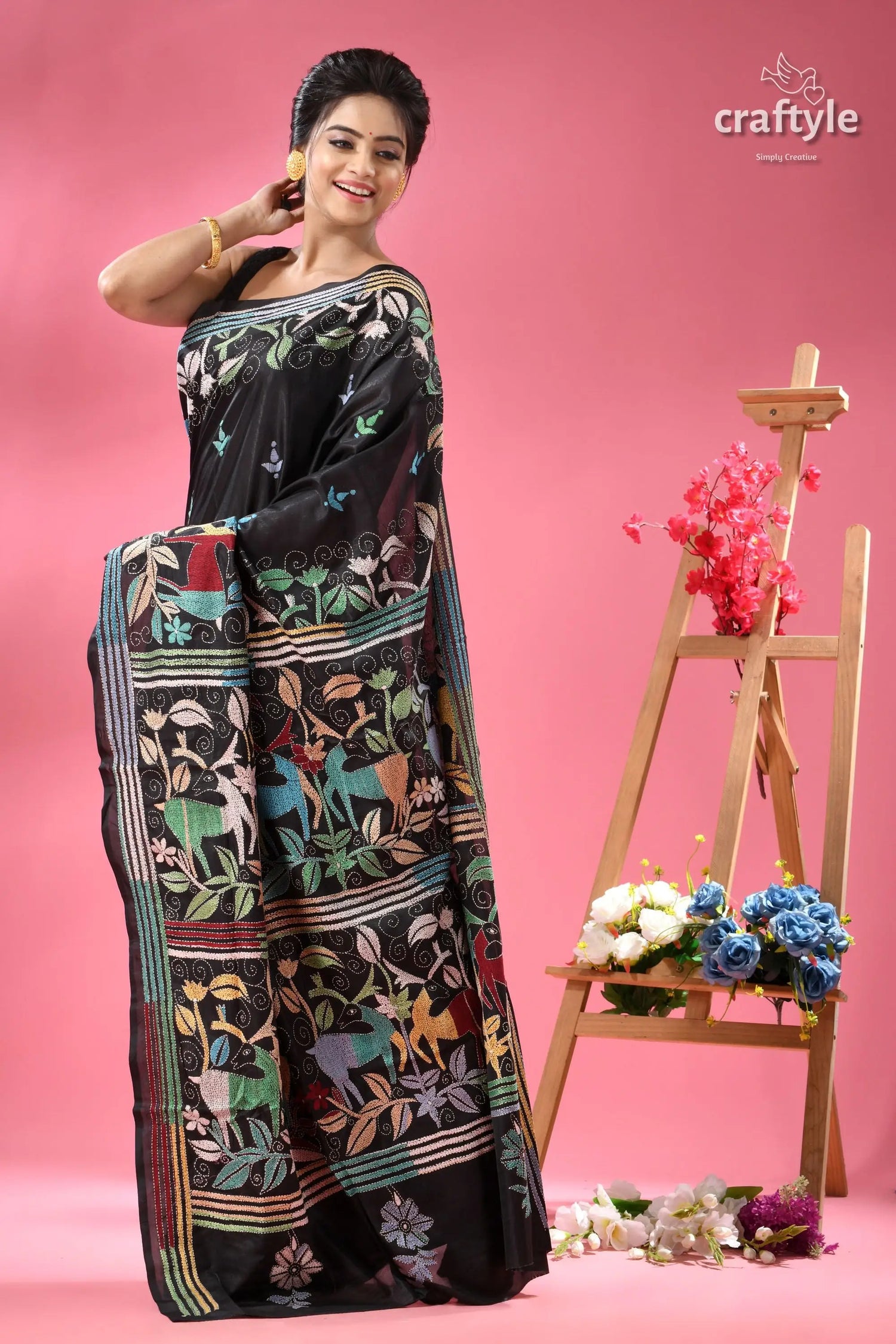 Charcoal black kantha silk saree with exclusive deer motif black sari colorful folk art 4