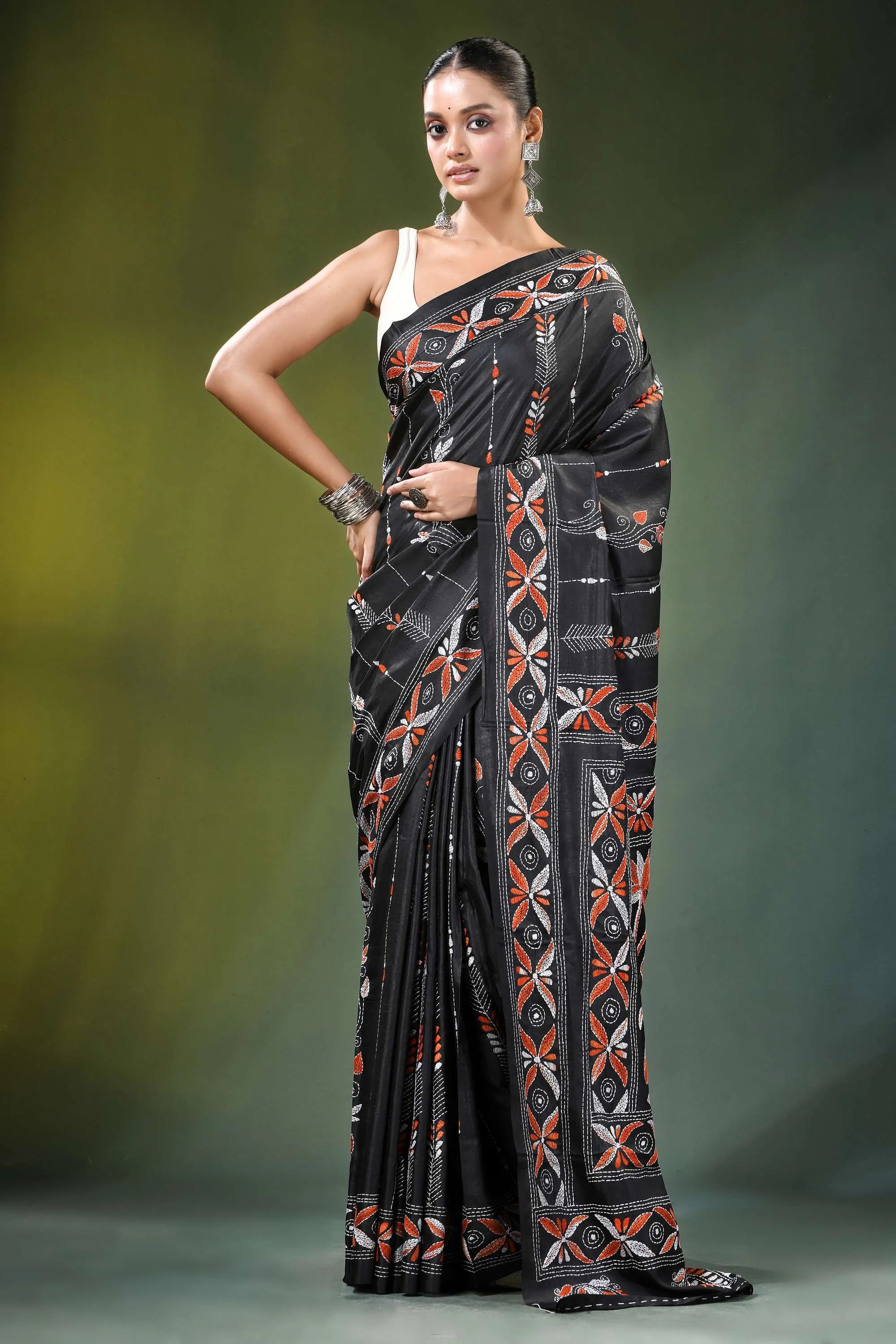 Charcoal black nature theme handcrafted silk kantha saree intricate orange 1