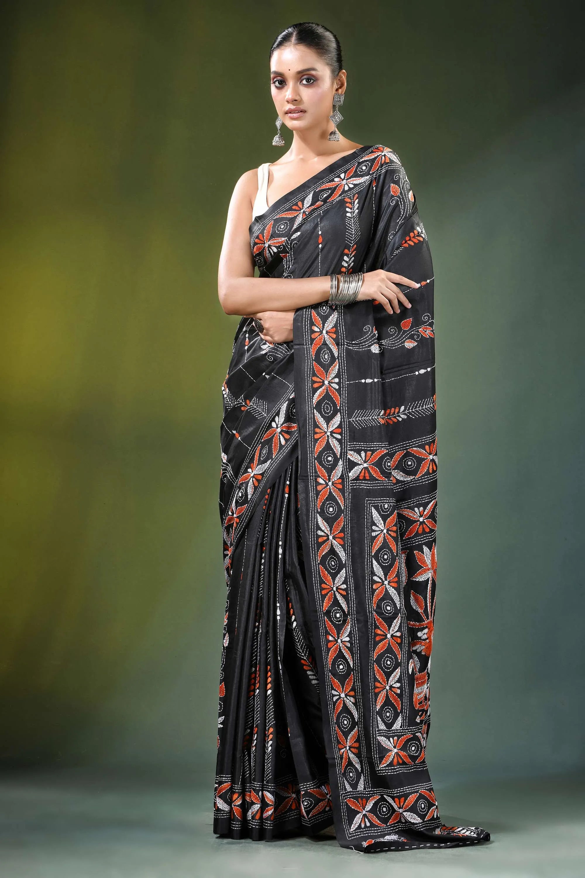 Charcoal black nature theme handcrafted silk kantha saree intricate orange white 6